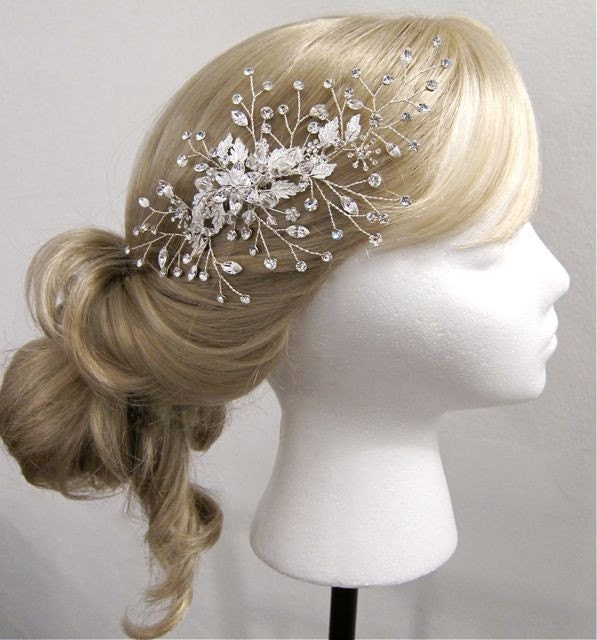 Flower and leaf pave and vines in Crystal settings, clear crystal bicones, Swarovski crystal faceted stones, hand wired into headpiece