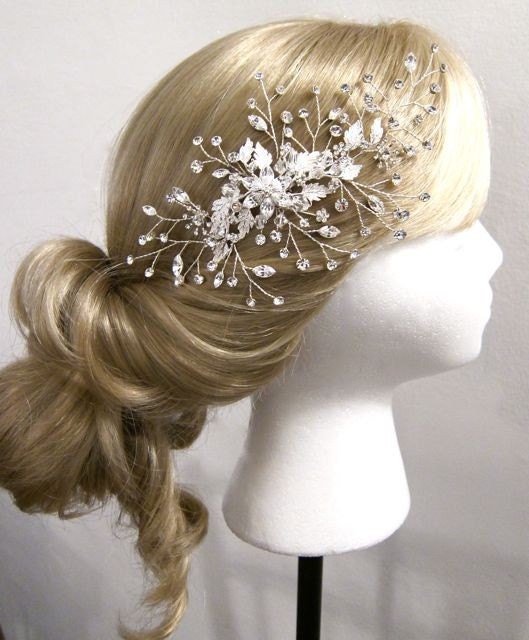 Flower and leaf pave and vines in Crystal settings, clear crystal bicones, Swarovski crystal faceted stones, hand wired into headpiece