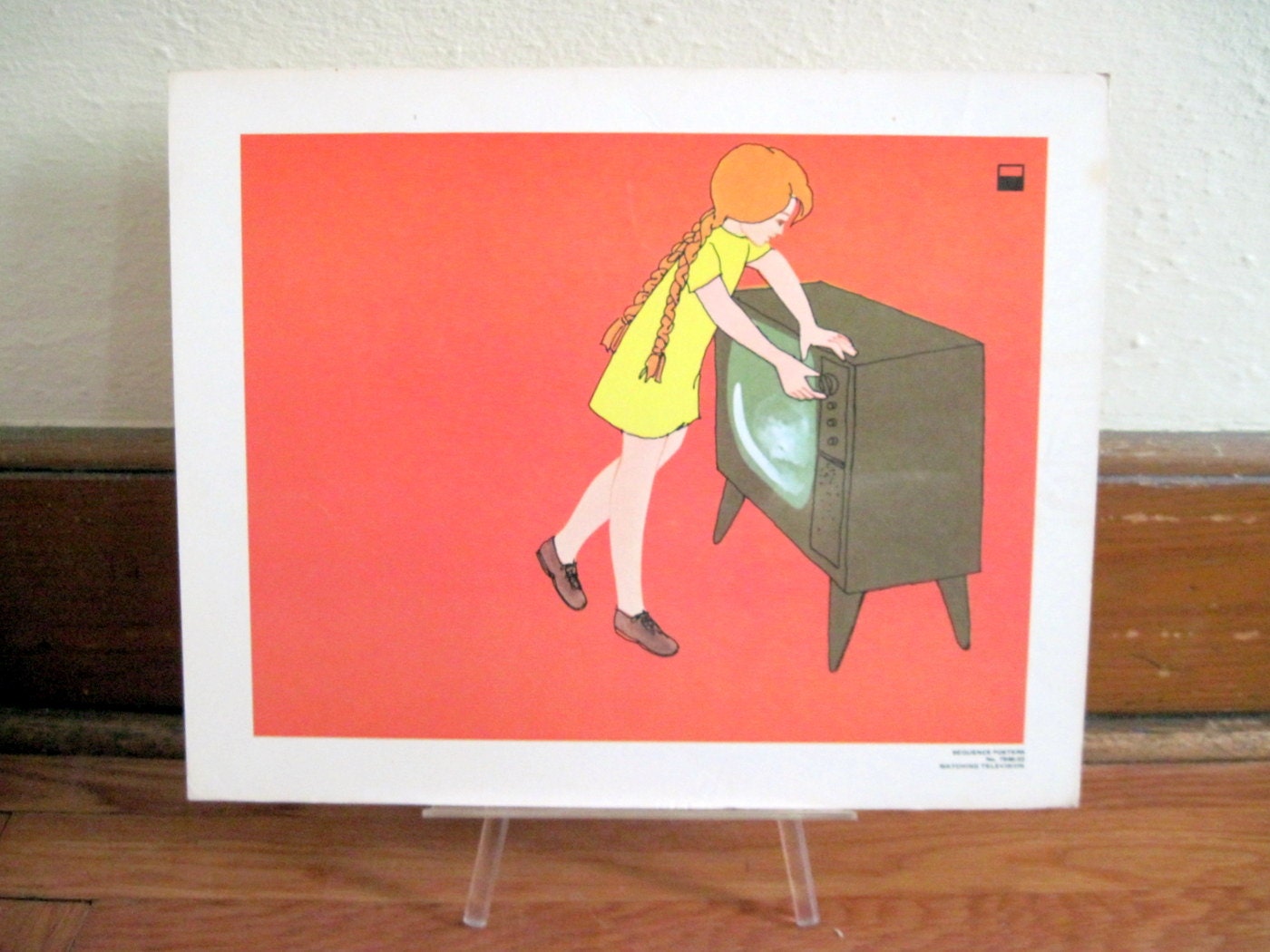 Girl Watches Television - 1970s retro Sequence Poster - large vintage flash card art, ready to frame - vivid colors: orange, yellow, brown