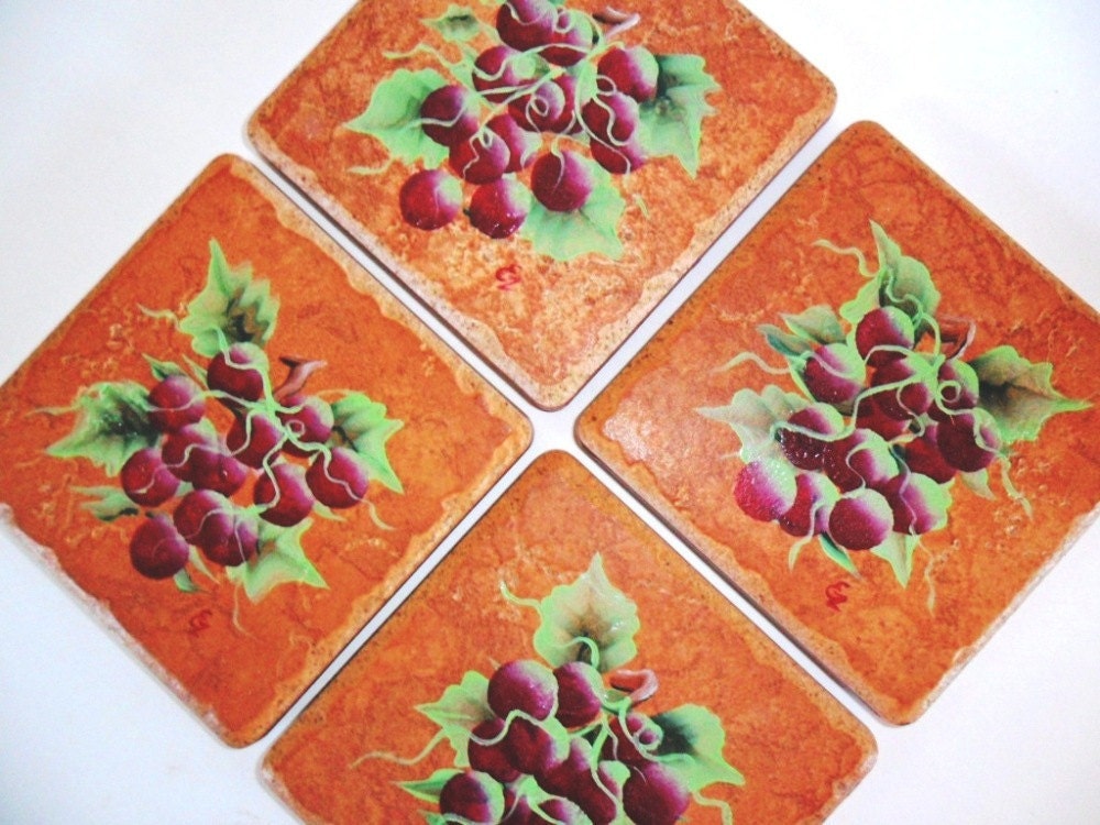 Coasters Red Grapes Hand Painted - Set of 4