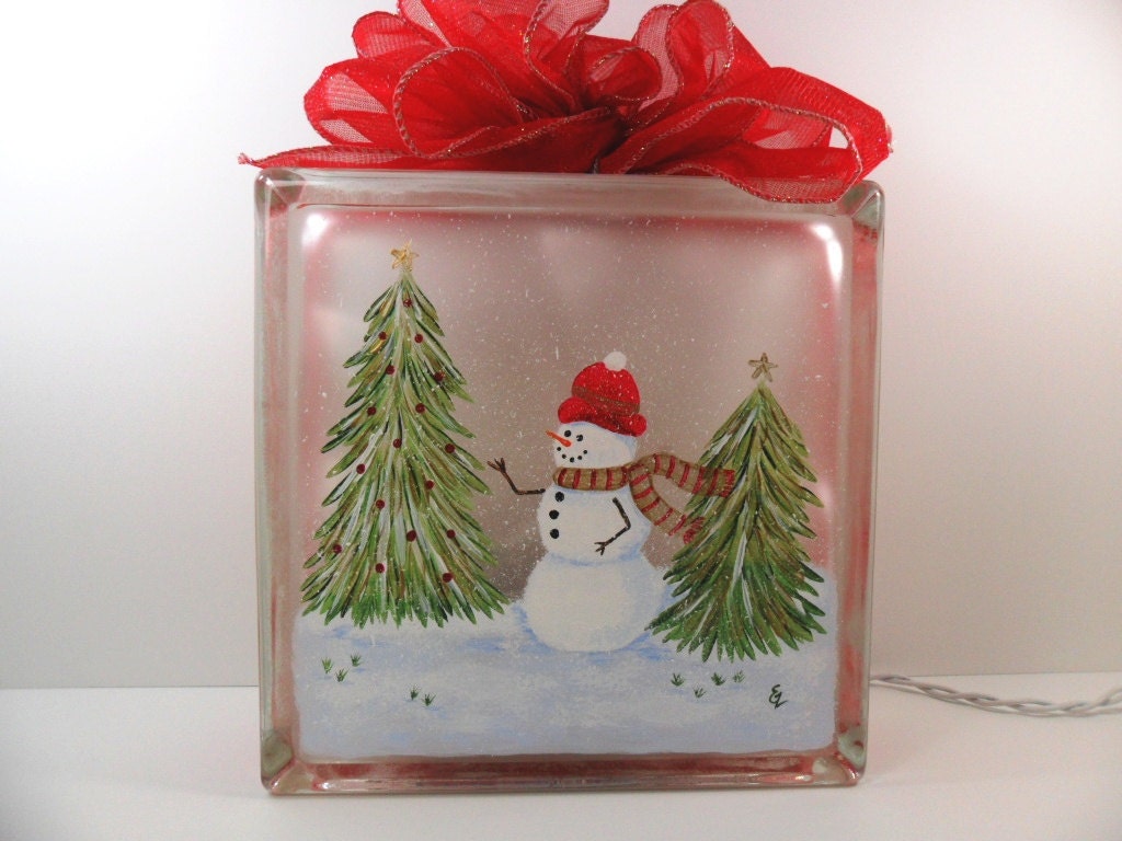 Lighted Glass Block Snowman Snow Scene 8x8x3 Hand Painted