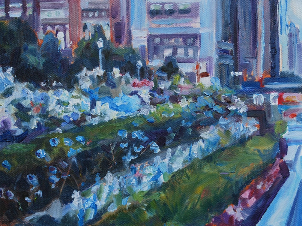 Cityscape of Chicago, Flower Garden, Millennium Park, original oil by Carol DeMumbrum