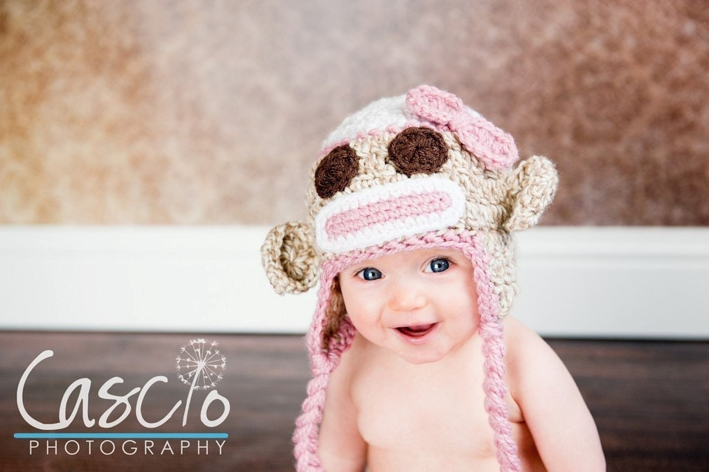 Items similar to Crochet pattern, Sock Monkey hat in Pink ...