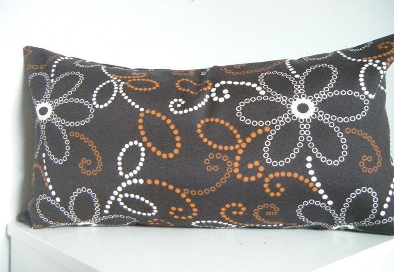 Chocolate Brown Pillow , Long Bolster Pillow., Decorative Pillows, Floral Brown, Orange, and Cream Flowers Fall Decor