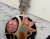 Locket Necklace Owl Pink and Purple - Vintage Brass - Handmade