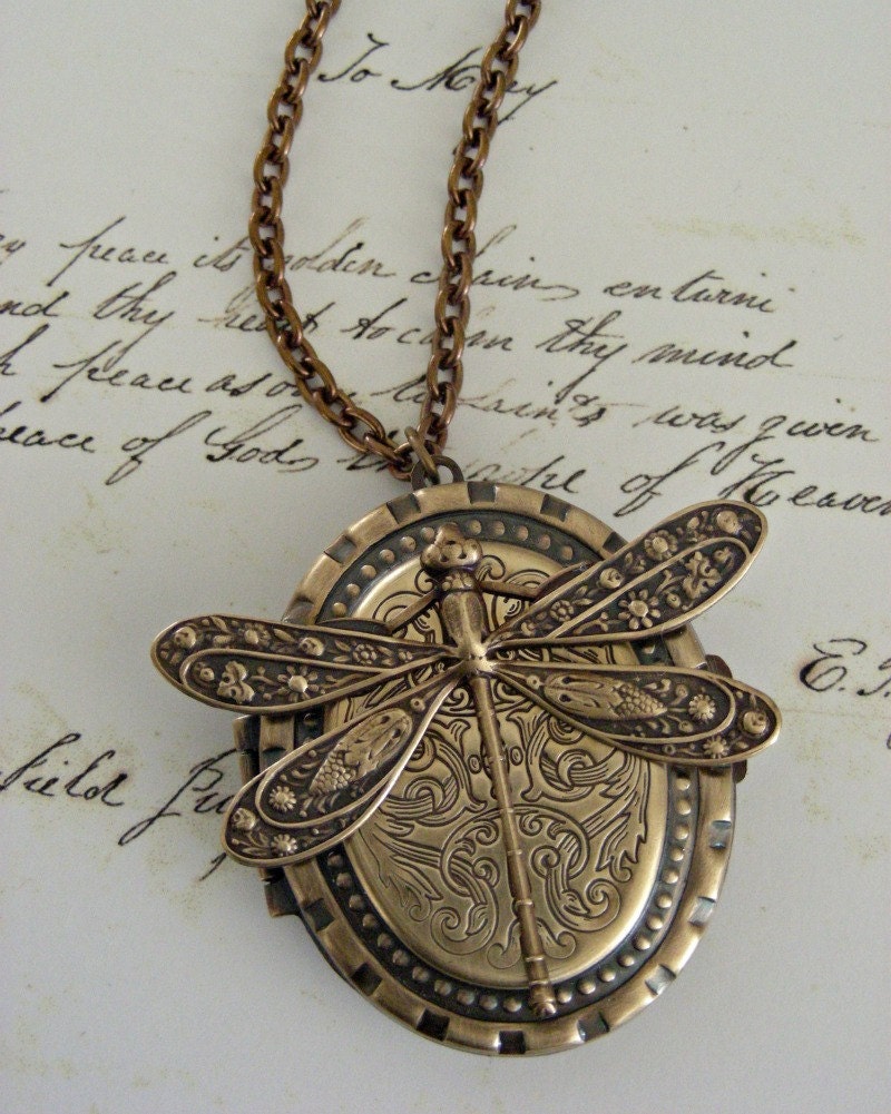 Dragonfly Locket Necklace  - Vintage Brass Art Nouveau Necklace - Handmade