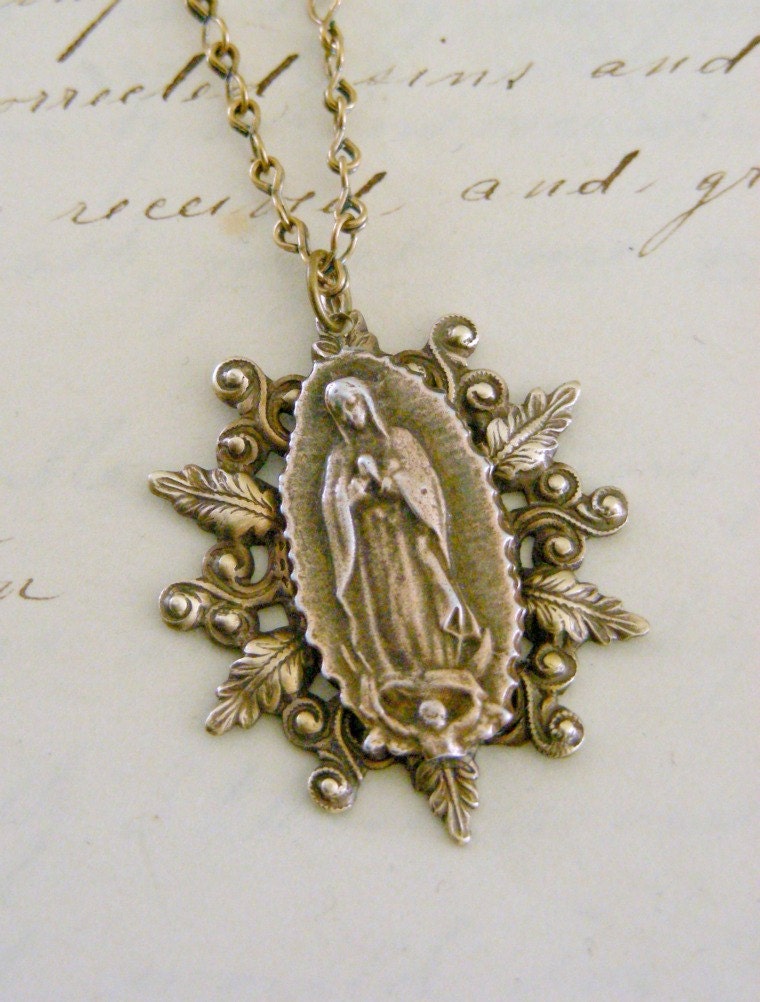 Necklace Lady of Guadalupe  Mother Mary Vintage Brass Necklace - Handmade