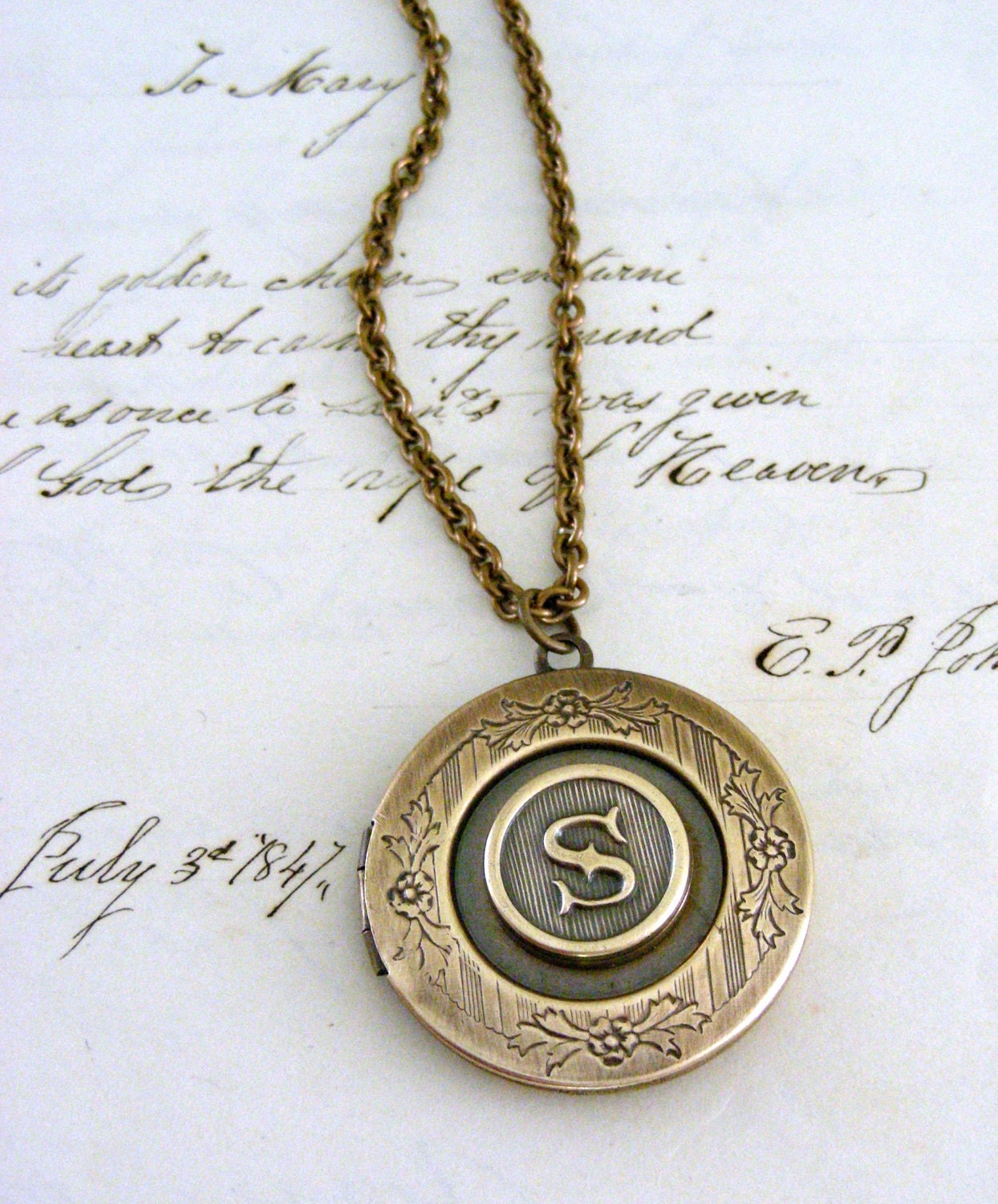 Locket Necklace Initial Letter S - Vintage Brass - Handmade