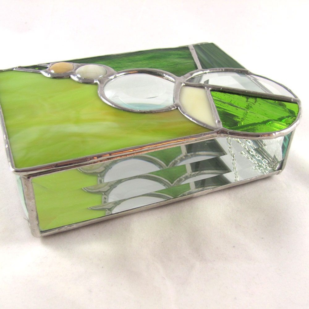 Earthy Green, Amber and Bevel Hand Crafted Stained Glass Jewelry Box