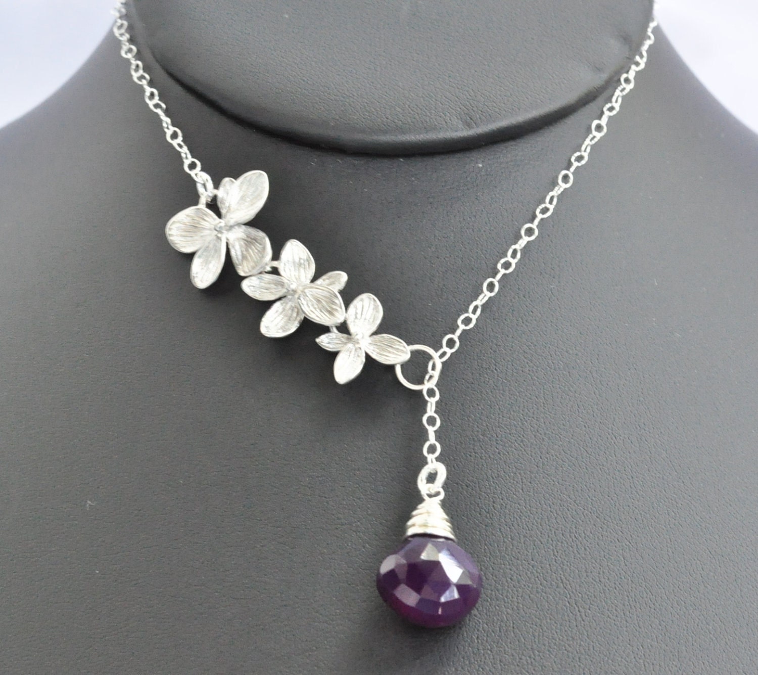 Dark Royal Purple Chalcedony Heart Briolette Drop Flower Lariat Neckalce,Sterling Silver Lariat Necklace, Bridesmaids jewelry