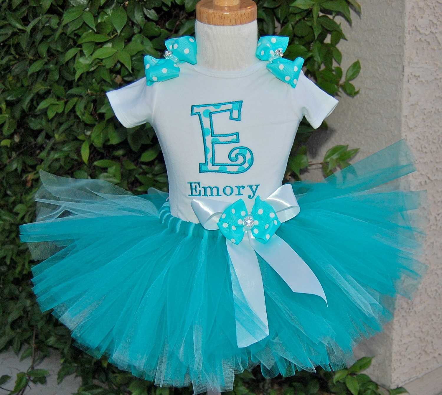 Teal Polkadots Embroidered and Personalized Tutu Set -  Tutu, matching bow and Personalized Onesie/T shirt