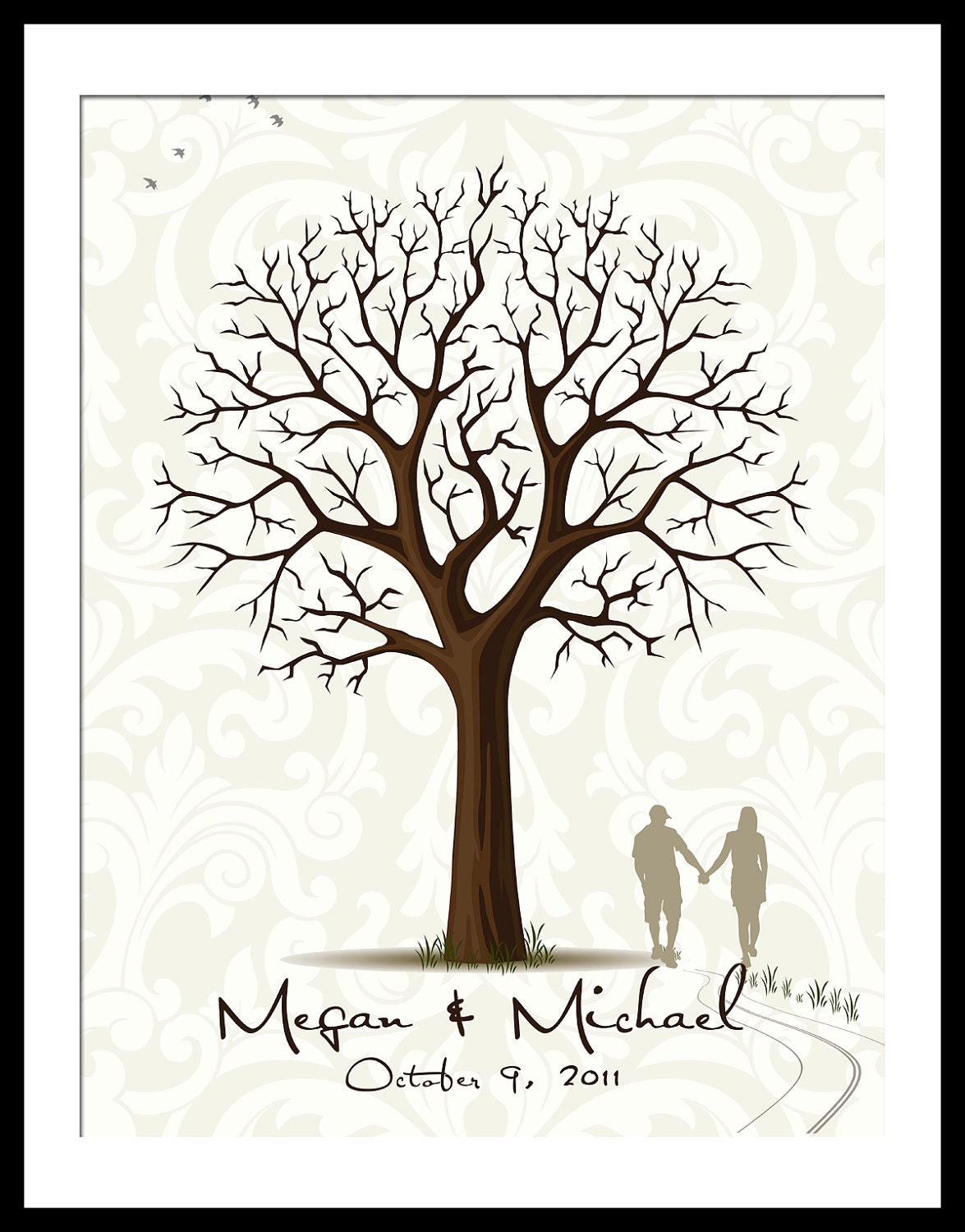 Personalized Silhouette Wedding Guestbook Signature Tree Wall Art Print  17 x 22 Large up to 170 fingerprints. Choose font & silhouette