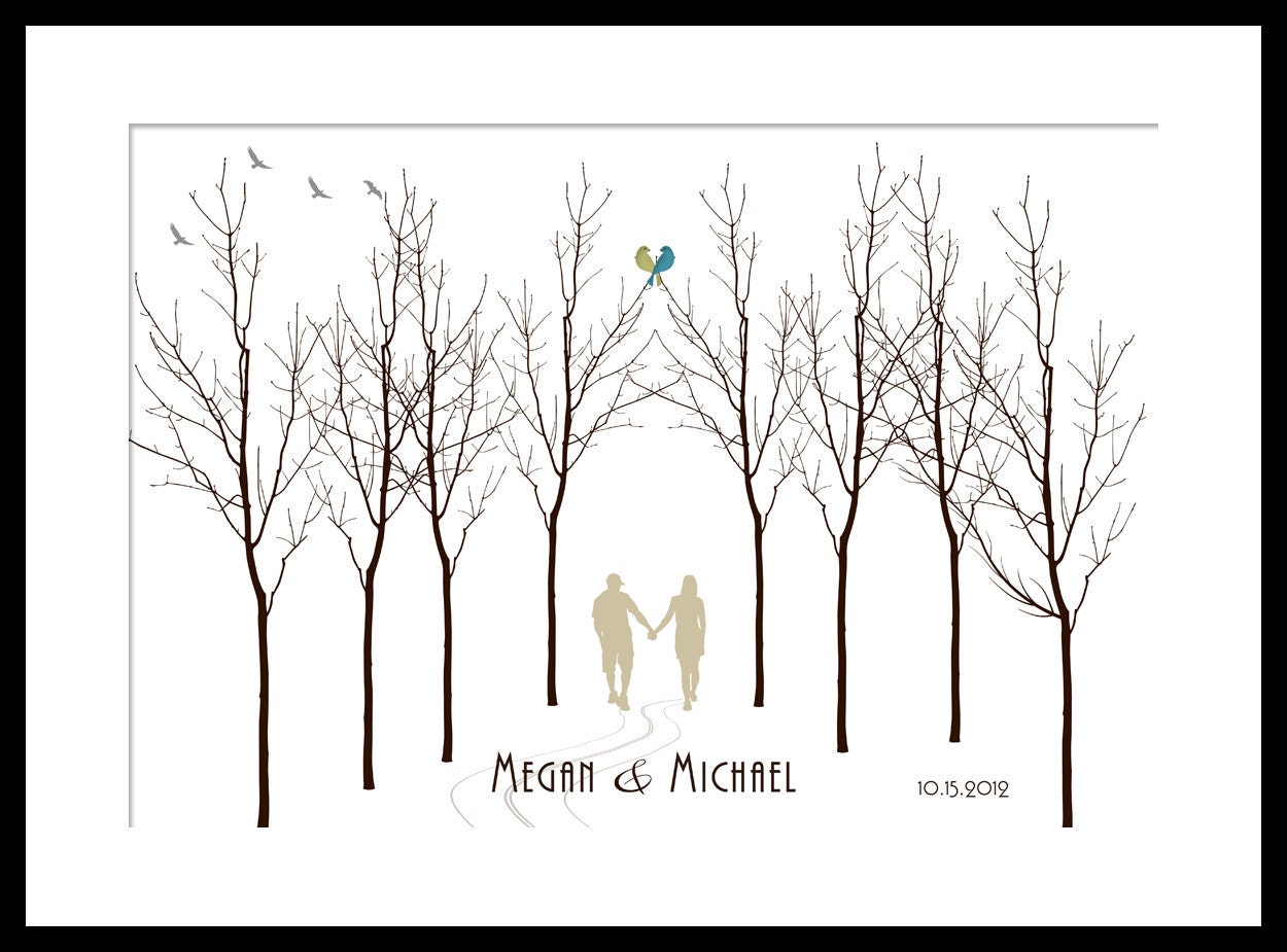 Wedding GuestBook Signature Forest Trees Print Large up to 180 thumb prints. Custom colors and fonts