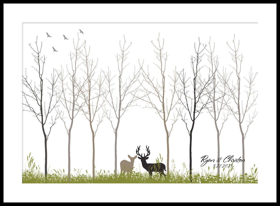 Spring Wedding Tree Guest Book Fingerprint Signature Poster with Deer up to 180 thumb prints. Custom colors and fonts