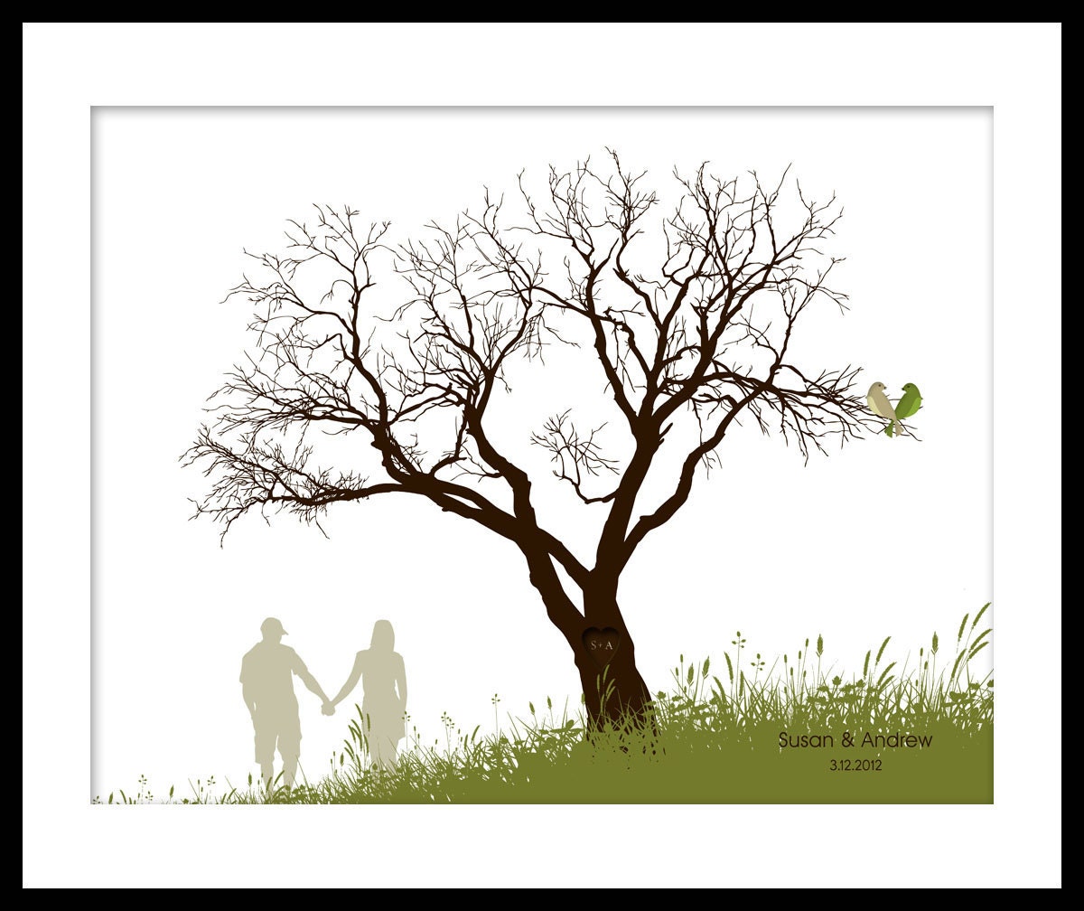 Wedding Guestbook Fingerprint Signature Tree Print Art  17 x 22 Large up to 140 fingerprints. Choose font, color & silhouette