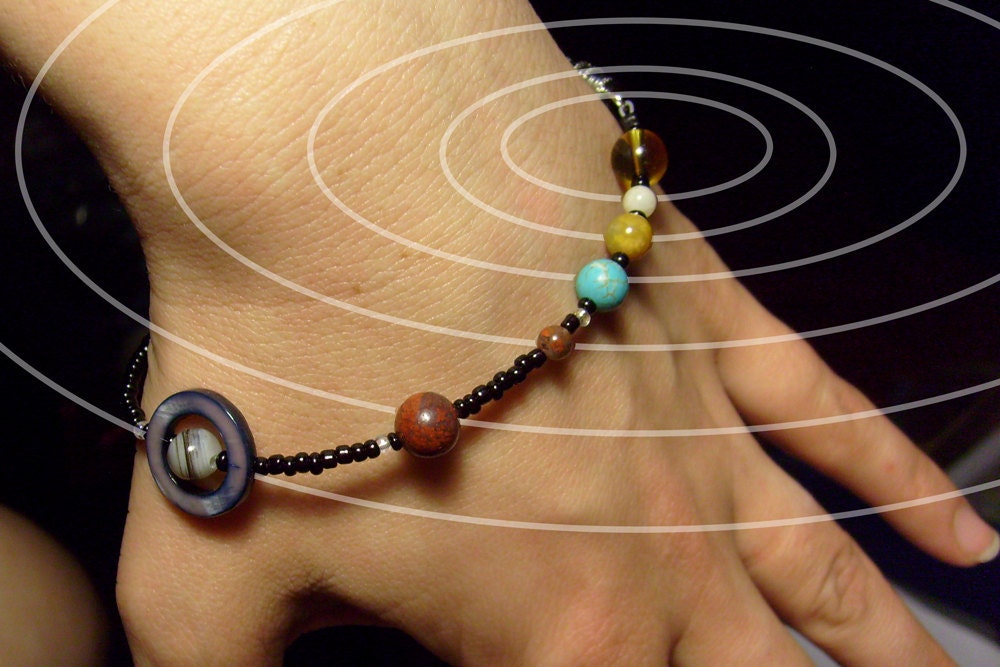 MiniVerse - Solar System Bracelet - Proportional Distances in Glass, Stone and Shell - SMALL (7.5-inch length) - Beadwork - Planets