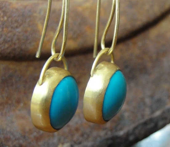 Blue Turquoise Earrings, Gold Earrings, 22k Gold & Turquoise Earrings