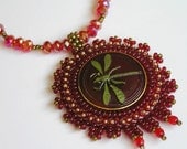 Pendant necklaces  "Red dragonfly" embroidered necklace