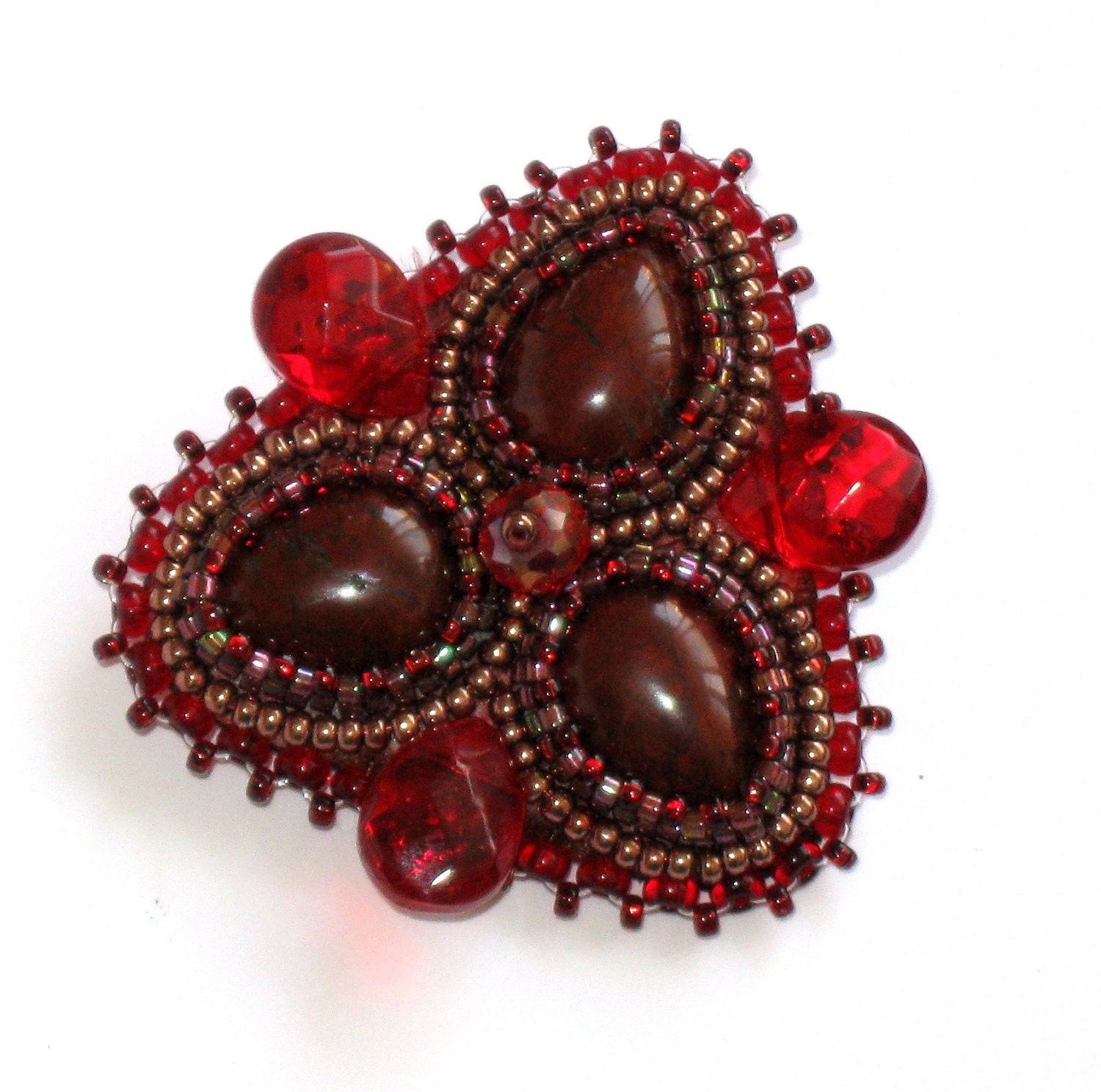 Brooch red jasper embroidery OOAK "Autumn"