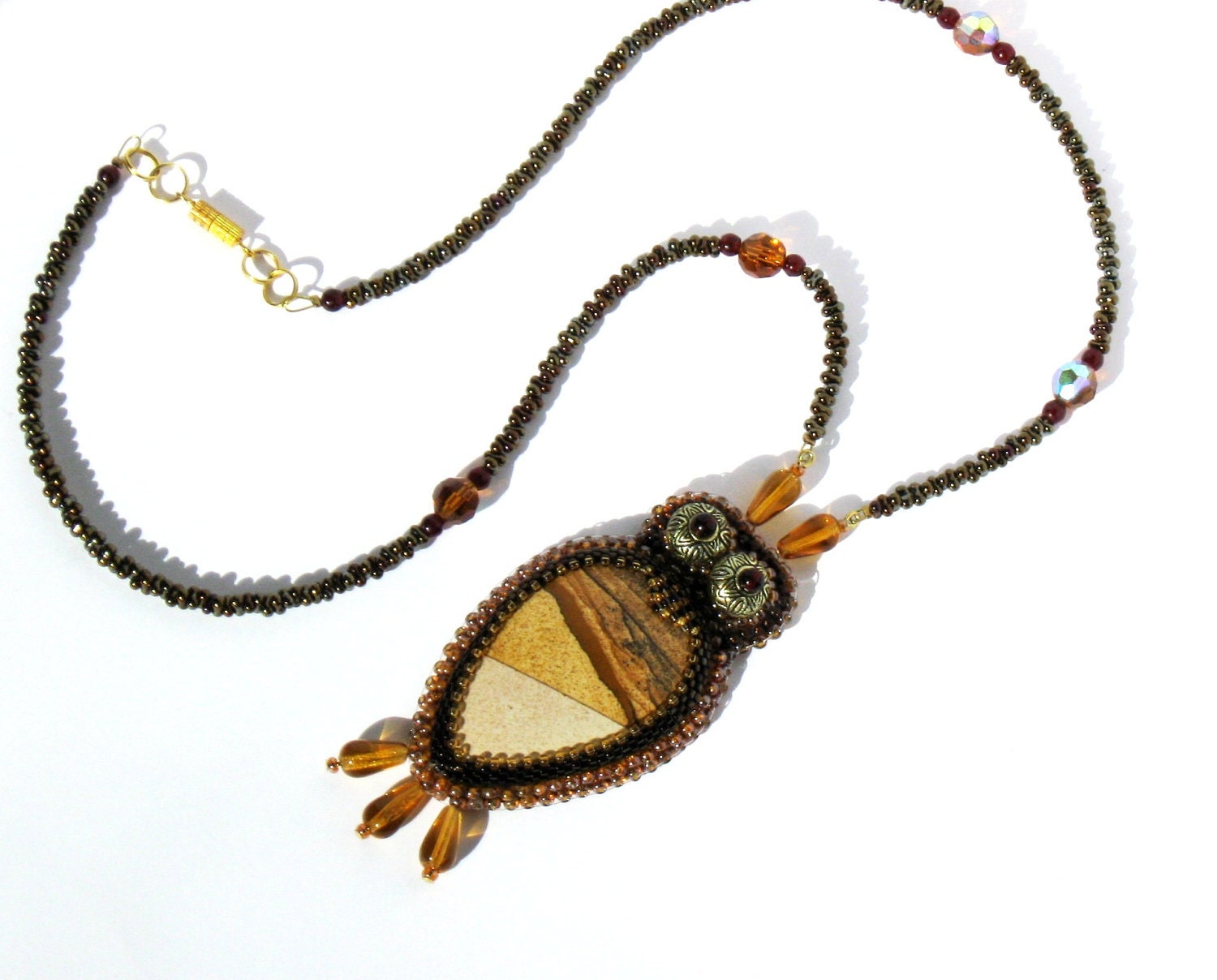 Bead embroidery pendant Wise owl  - OOAK Handmade Jewelry