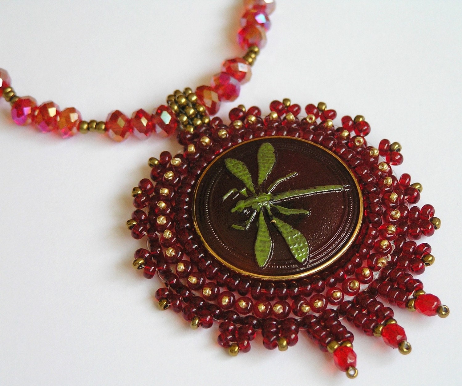 Pendant necklaces  "Red dragonfly" embroidered necklace