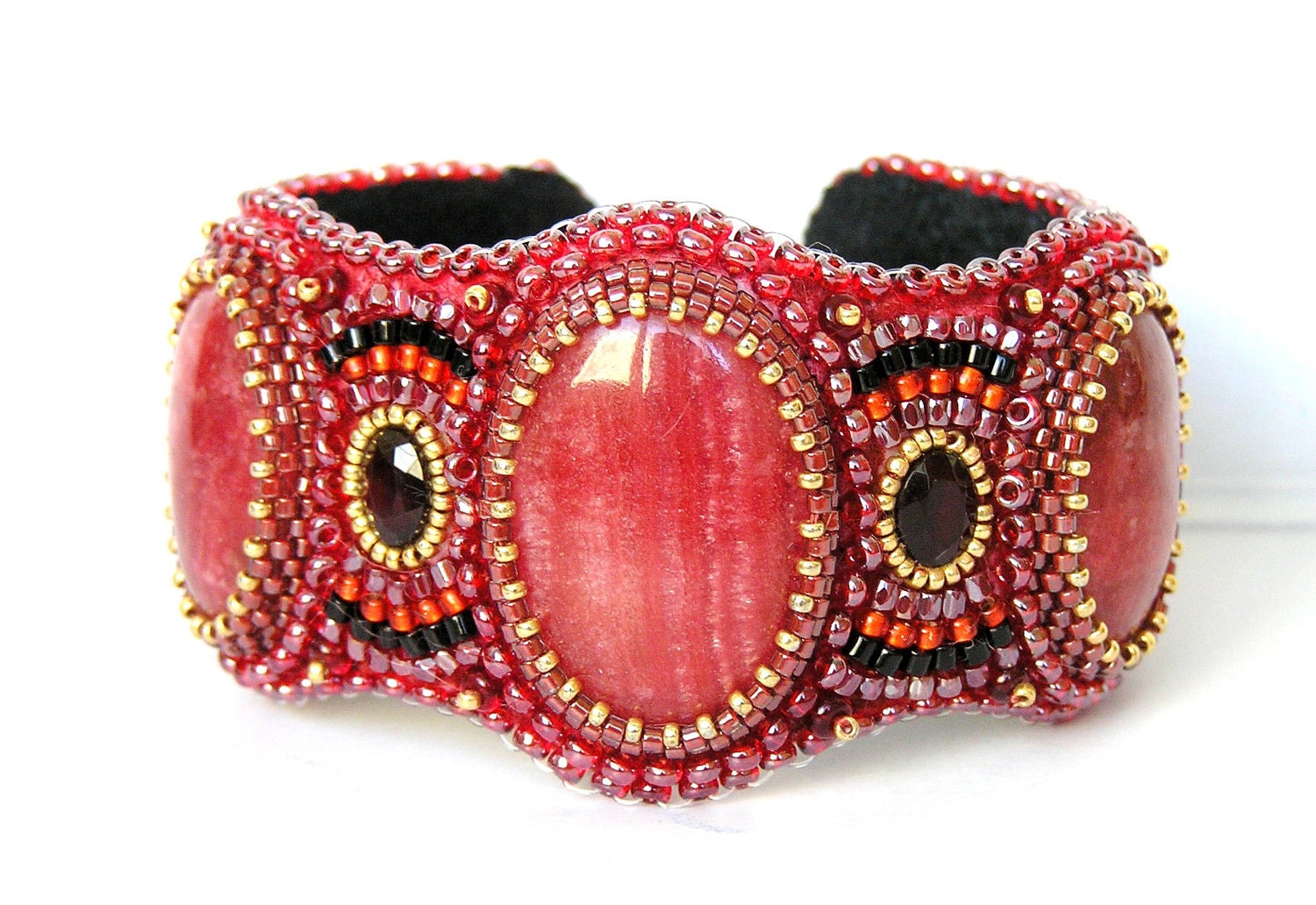 Bead Embroidered Cuff Bracelet "Pomegranate wine" Red Rhodochrosite cabochon OOAK