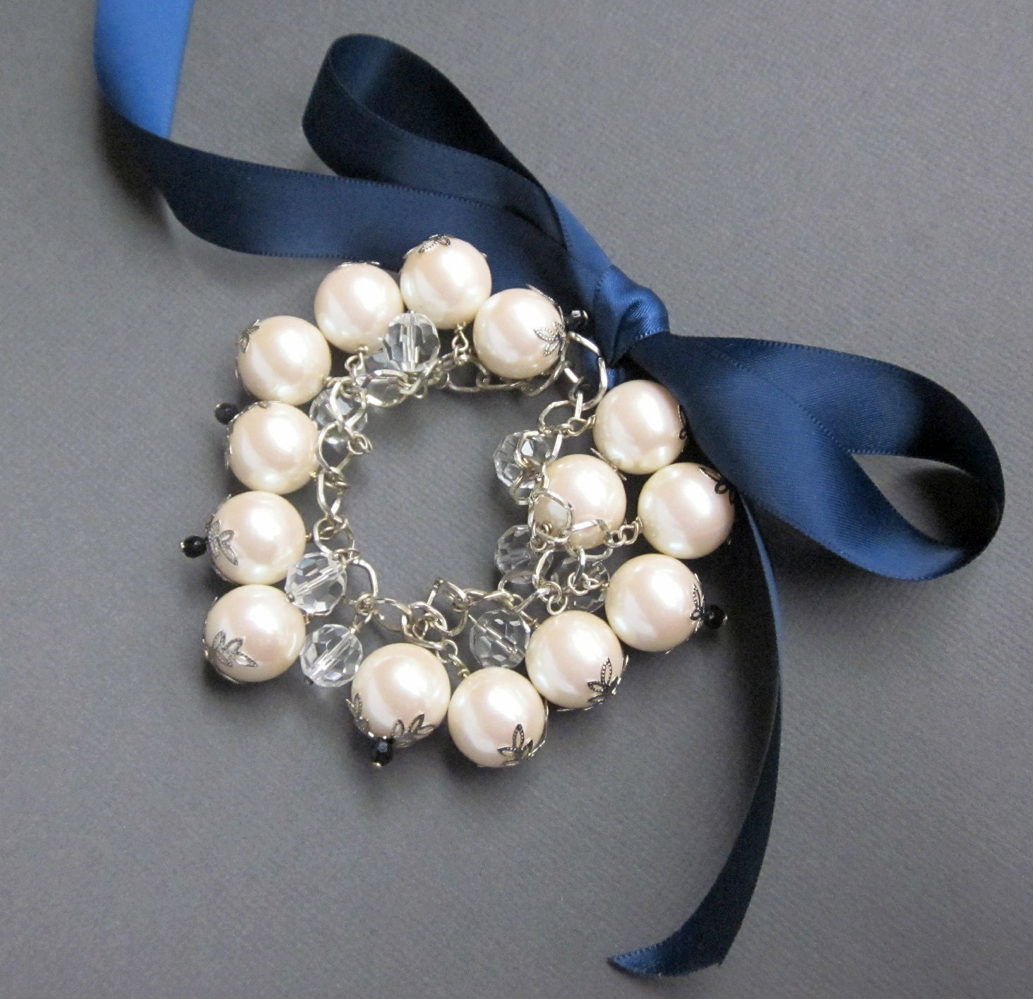 large glass pearl and clear crystal on chain with midnight blue ribbon - the ada bracelet