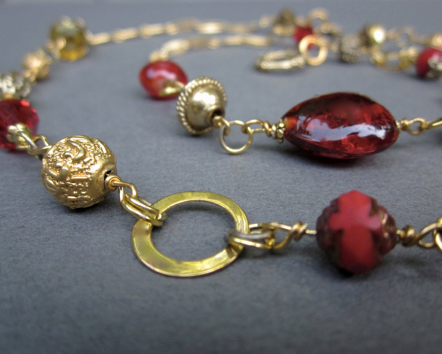 gold and red charms loops and chain - the jae necklace