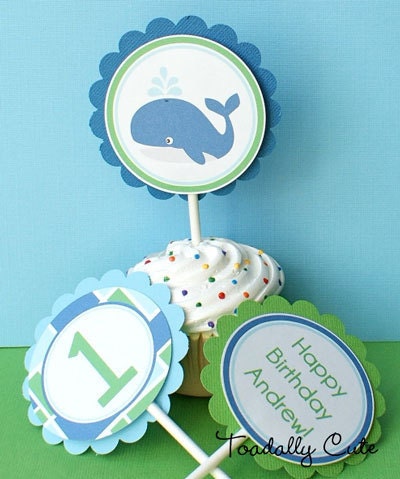 NEW - Nautical Whale, Cupcake Toppers, personalized set of 12