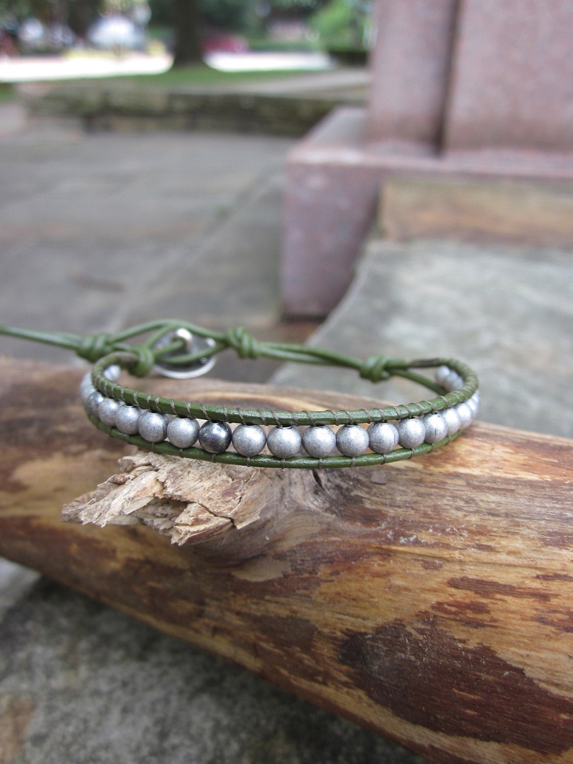 Leather Beaded Wrap Bracelet - Olive Green and Antique Silver