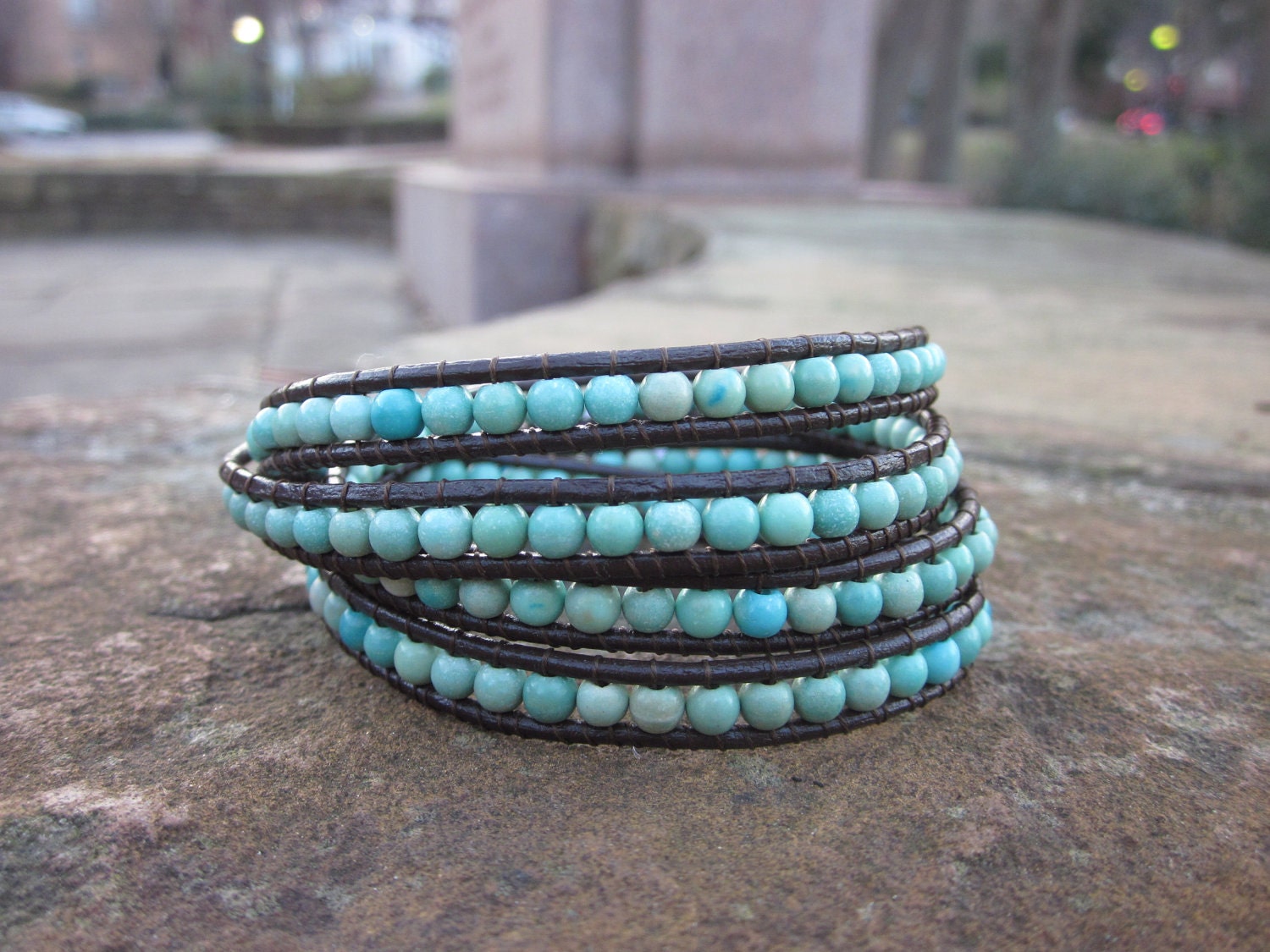 Leather Beaded Wrap Bracelet - Brown and Turquoise