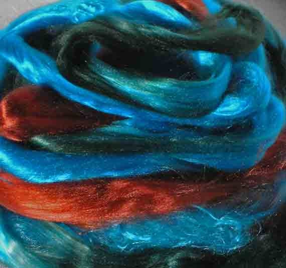 Hand Dyed Tencel Combed Top for Blending and Spinning "Copper Peacock" 2oz.