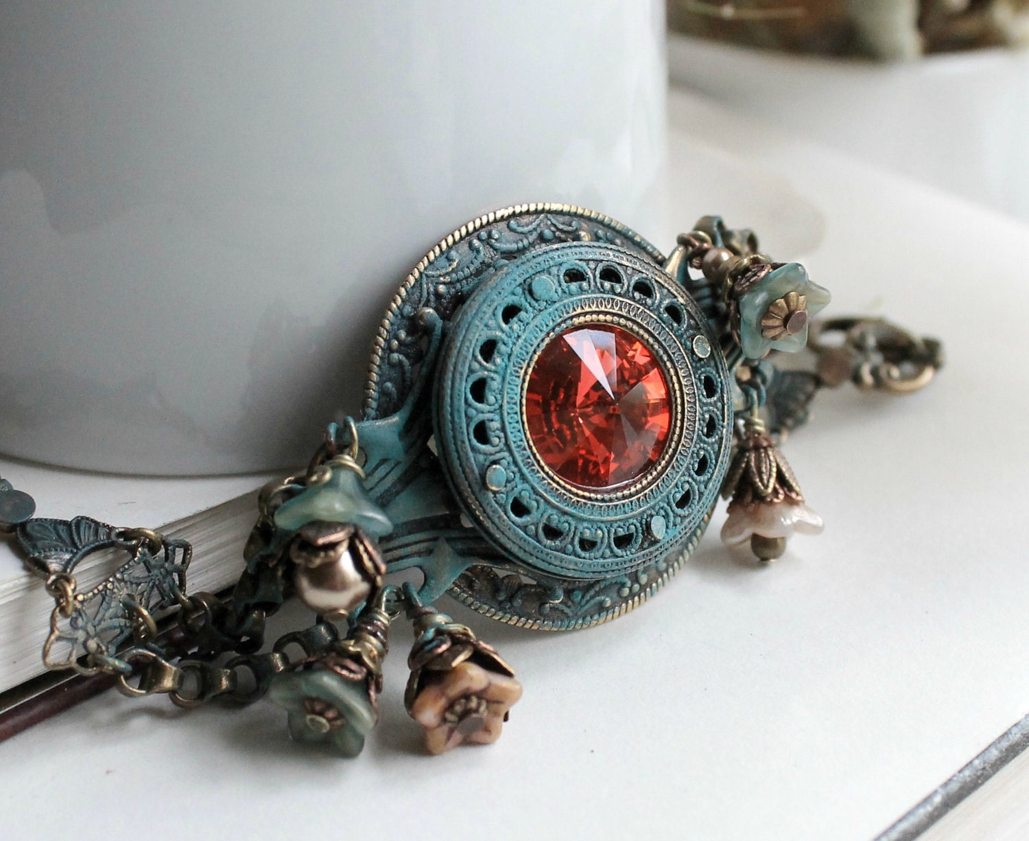 Echo and Narcissus Aged Brass and Swarovski Bracelet - Shabby Chic - Romantic - Floral - Wedding - Bridal - Pink - Red - Turquoise - Rainbow