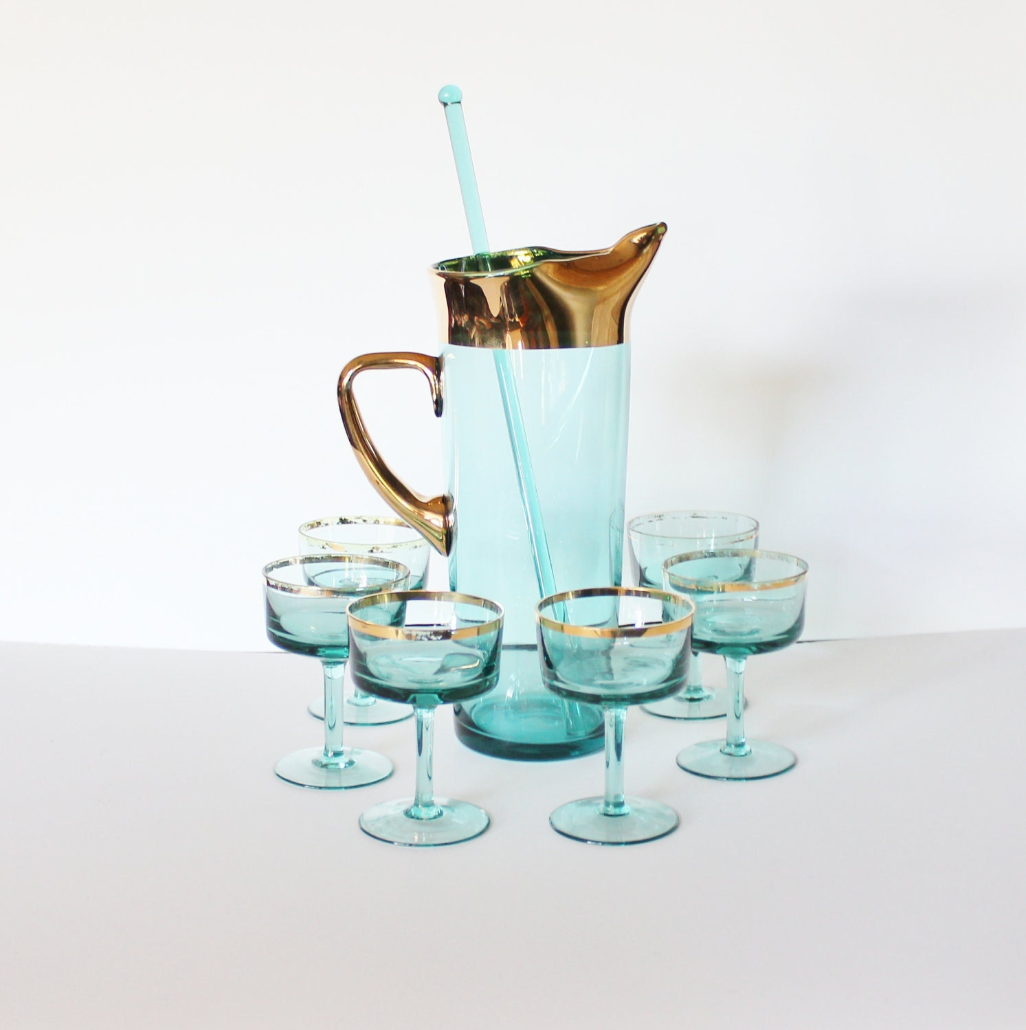 reserved...Vintage 50s GREEN Gold Ring Set of Six Glasses and Pitcher with Stir Stick