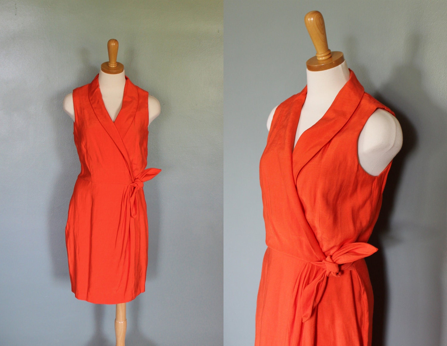 20 Dollar Sale - Vintage 80s TANGERINE Orange Dress - Women M - Positive Attitude Faux Wrap