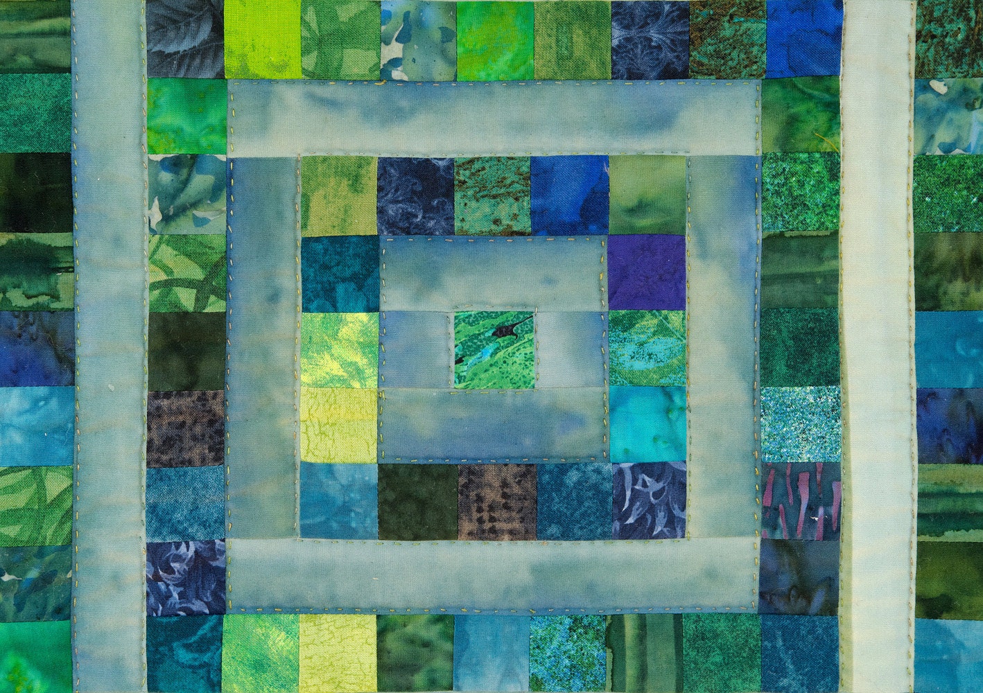 Art Quilt, Original, Hand Quilted, The Rainy Garden Window