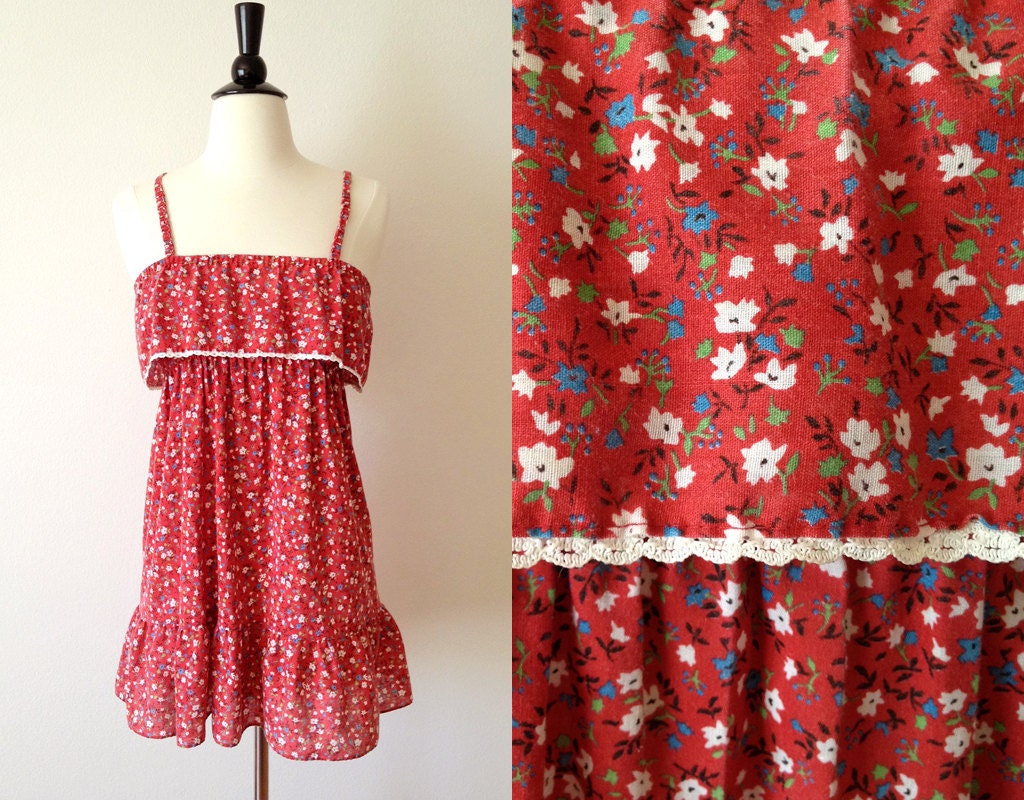 1970s red calico floral ruffle babydoll tunic mini sun dress xs s