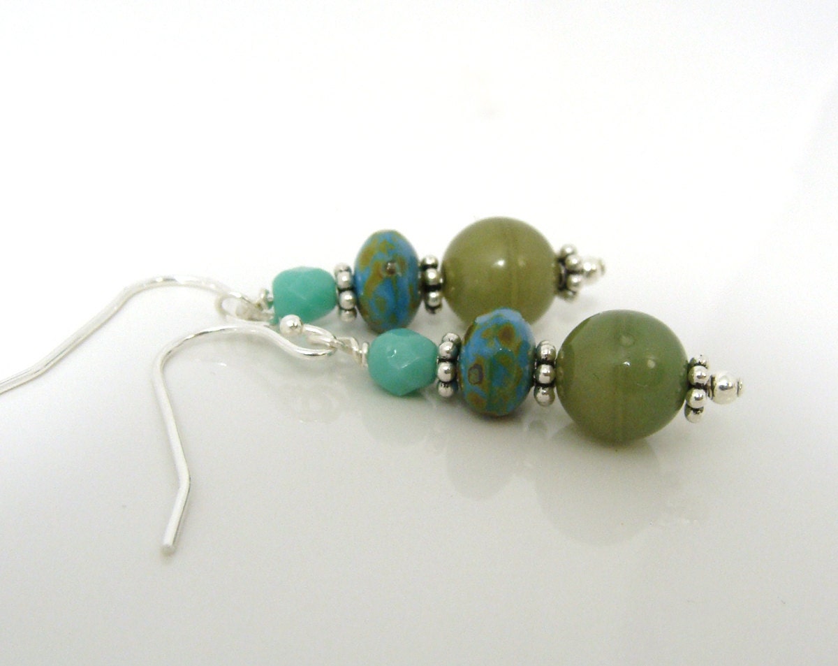 Olive and turquoise dangle earrings on sterling silver