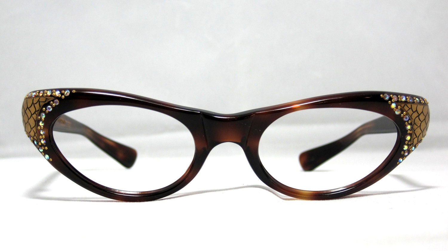 Vintage Cat Eye Glasses. Beautiful Tortoise with Rhinestones and Gold Snakeskin Designs