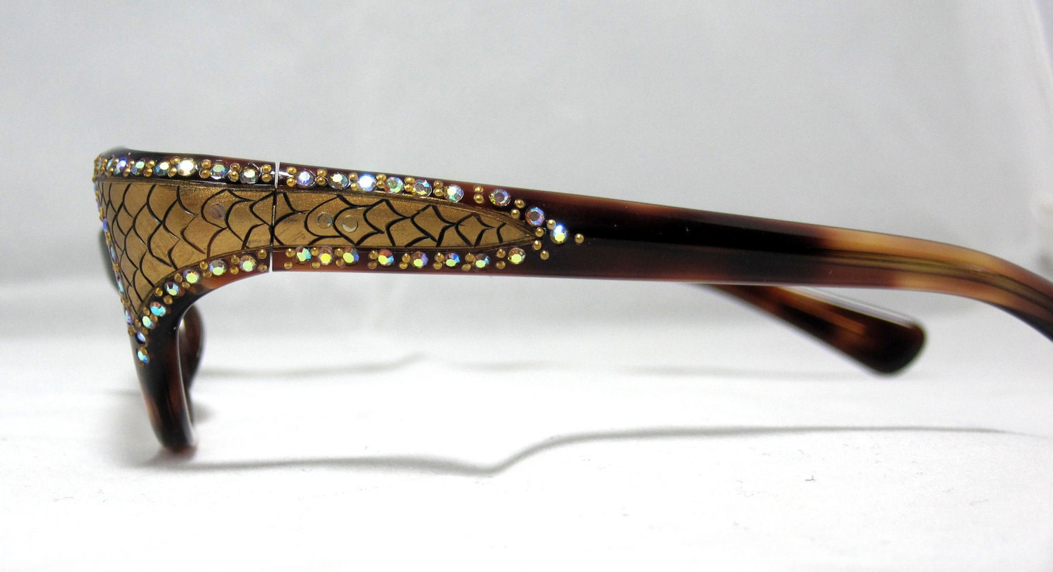 Vintage Cat Eye Glasses. Beautiful Tortoise with Rhinestones and Gold Snakeskin Designs