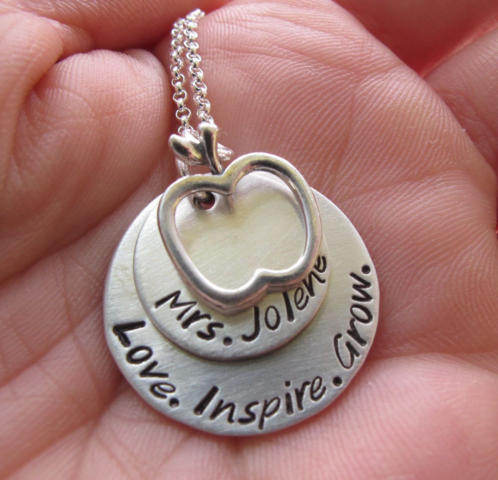 SALE - Hand Stamped Teacher Necklace Personalized - Sterling Silver - Love Inspire Grow
