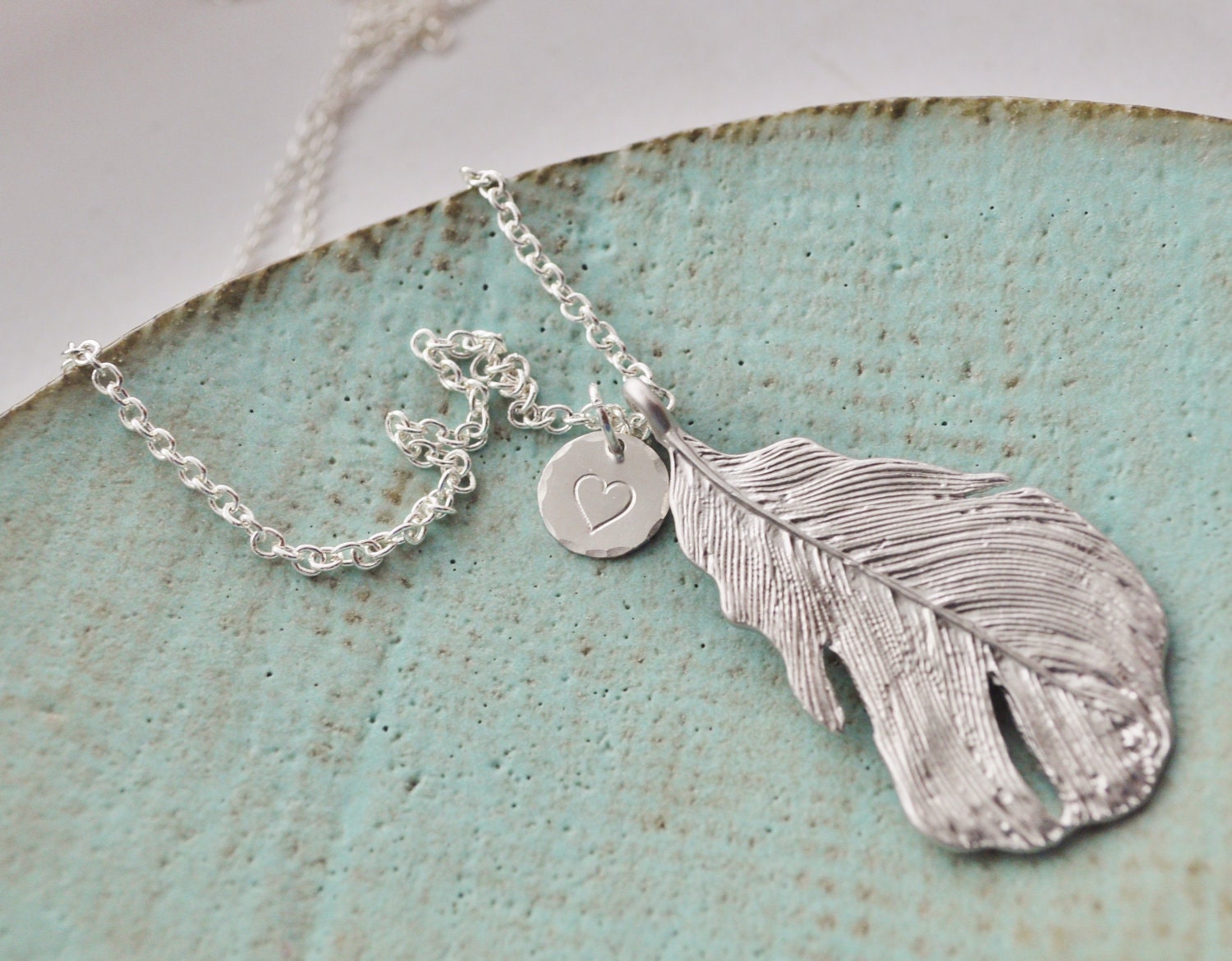 SILVER FEATHER Necklace with Customized, Hand Stamped Circle Charm - Choose a heart or an initial