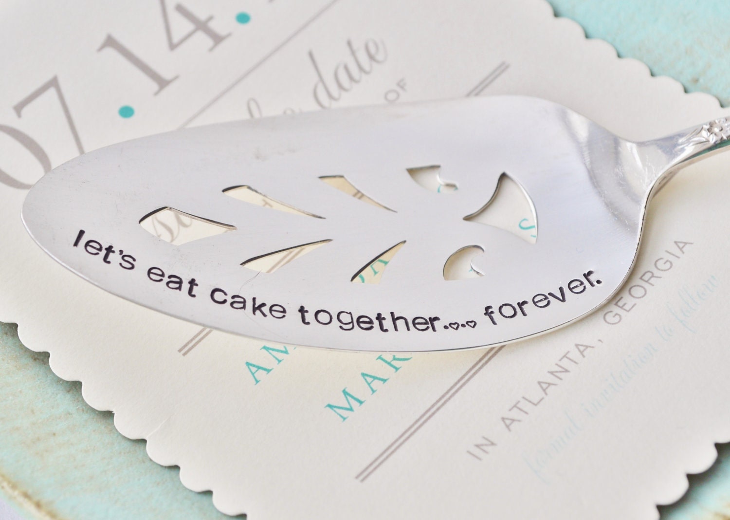 Let's Eat Cake Together...Forever - Hand Stamped Vintage Wedding Cake Server by jessicaNdesigns