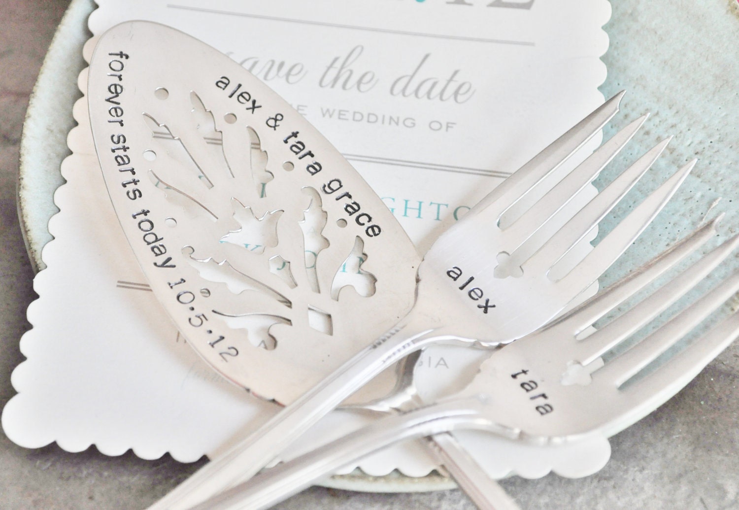 PERSONALIZE your own Hand Stamped Vintage Wedding Cake Fork & Server Set - Including the Names of Bride and Groom and their wedding date
