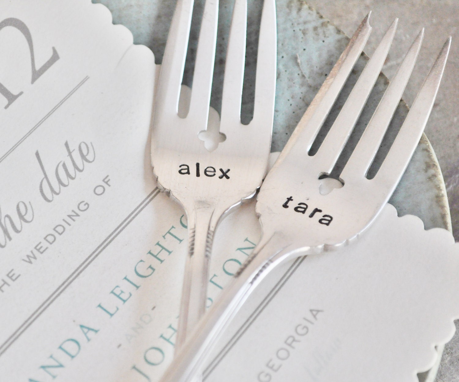 Personalized, Hand Stamped Vintage Wedding Cake Forks - Customized with the Names & Wedding Date of the Bride and Groom