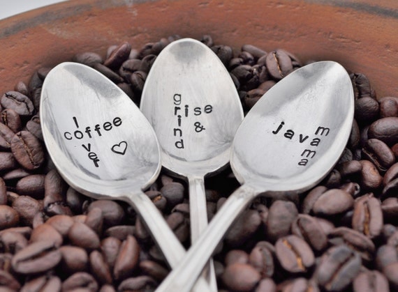 PICK 3 Hand Stamped Scrabble Inspired Vintage Coffee Spoons - For Coffee Lovers