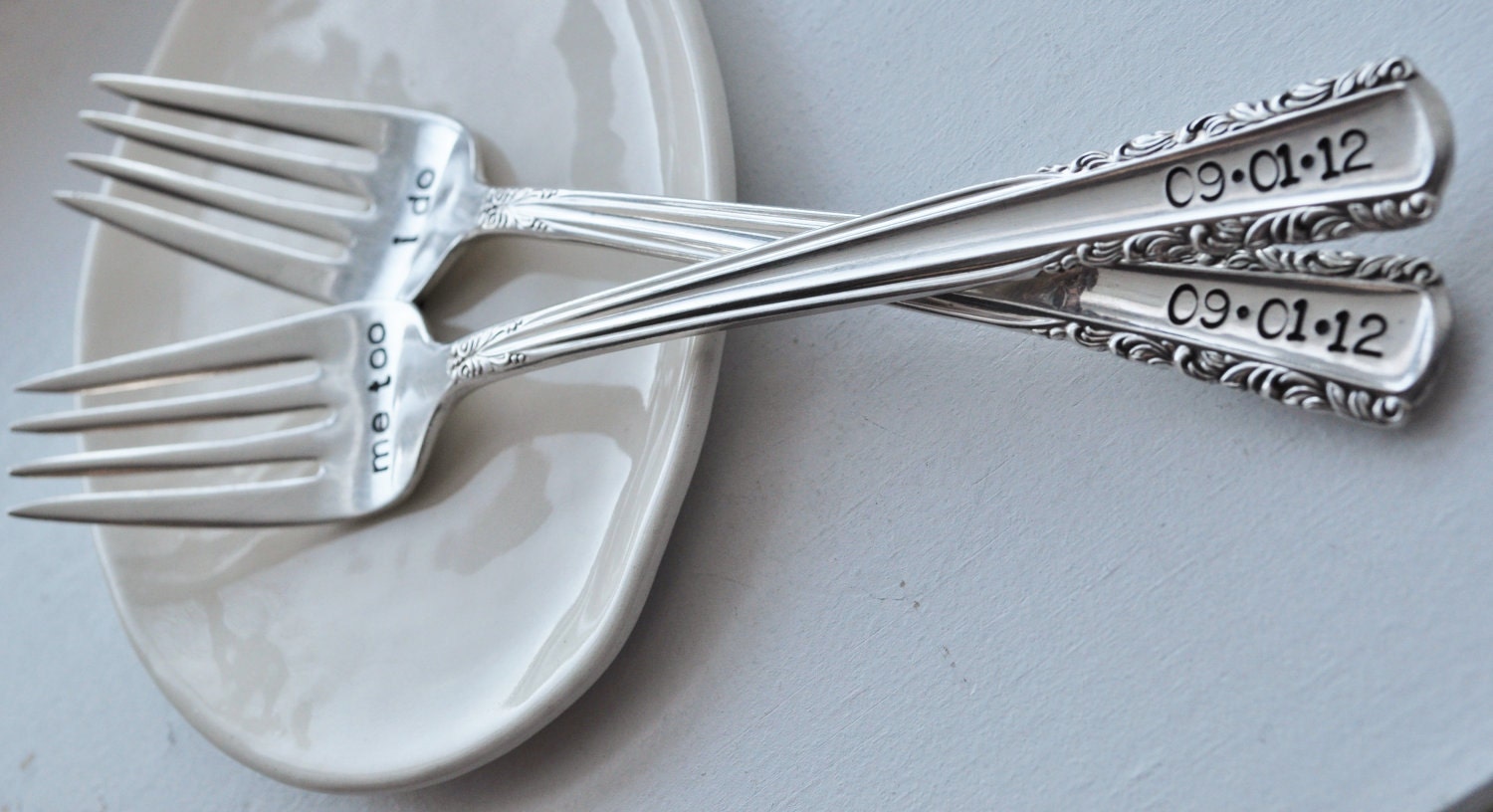 Vintage Wedding Cake SET: Hand Stamped I Do, Me Too cake forks & Personalized Wedding Cake Server . As Seen in Bella NYC Magazine