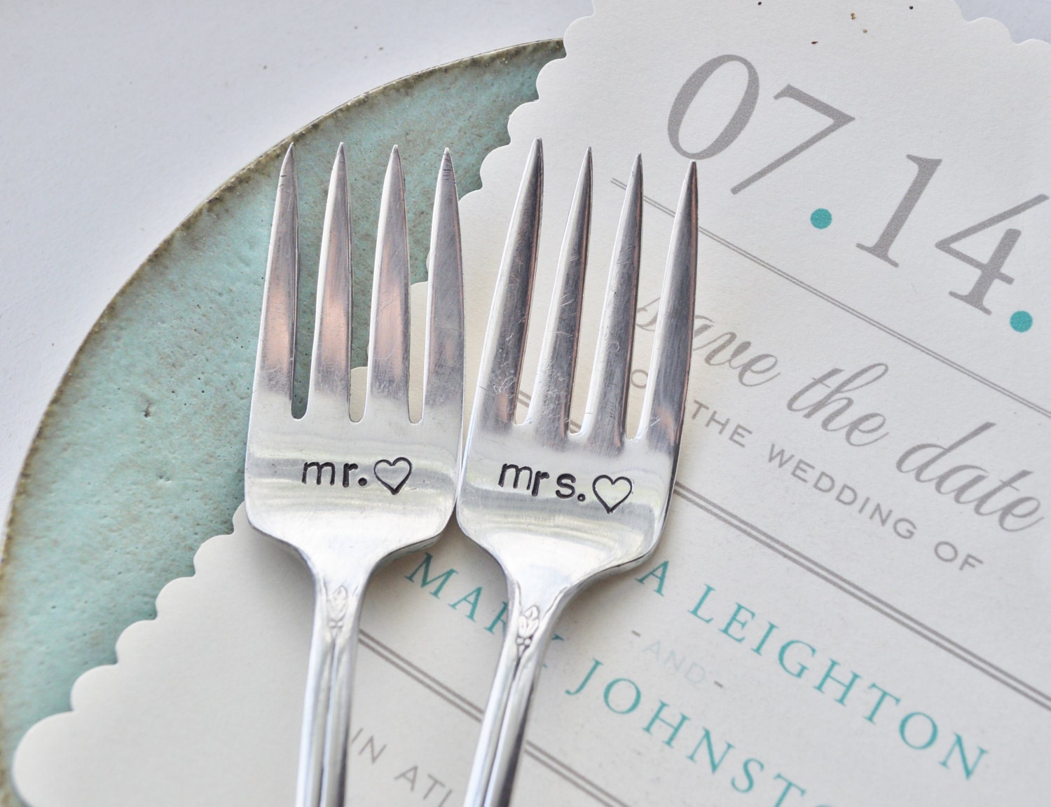 MR. & MRS. Hand Stamped Vintage Wedding Cake Forks - Customized with your Wedding Date