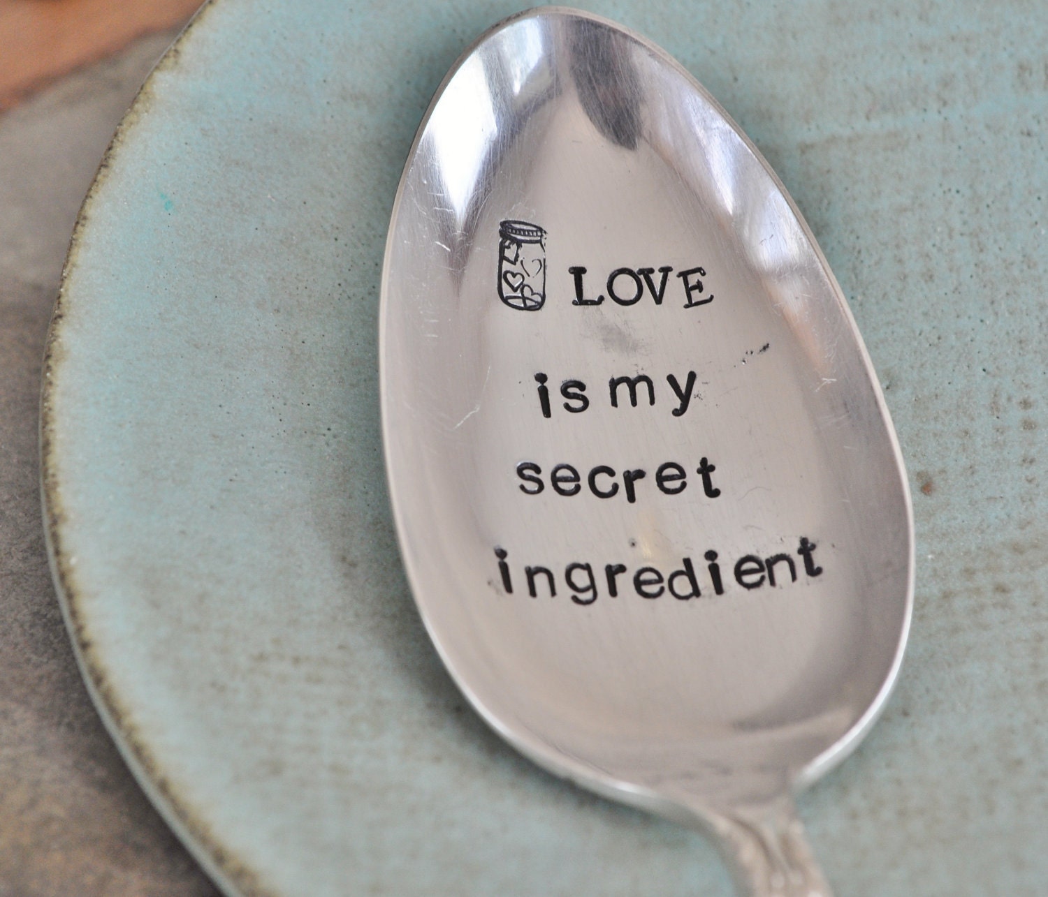 LOVE is my secret ingredient (TM) - Large Hand Stamped Vintage Serving Spoon. For the Baker/Cook in your life
