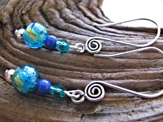 Greeny Blue Venetian Style Foil Bead Long Dangly Earrings Earrings